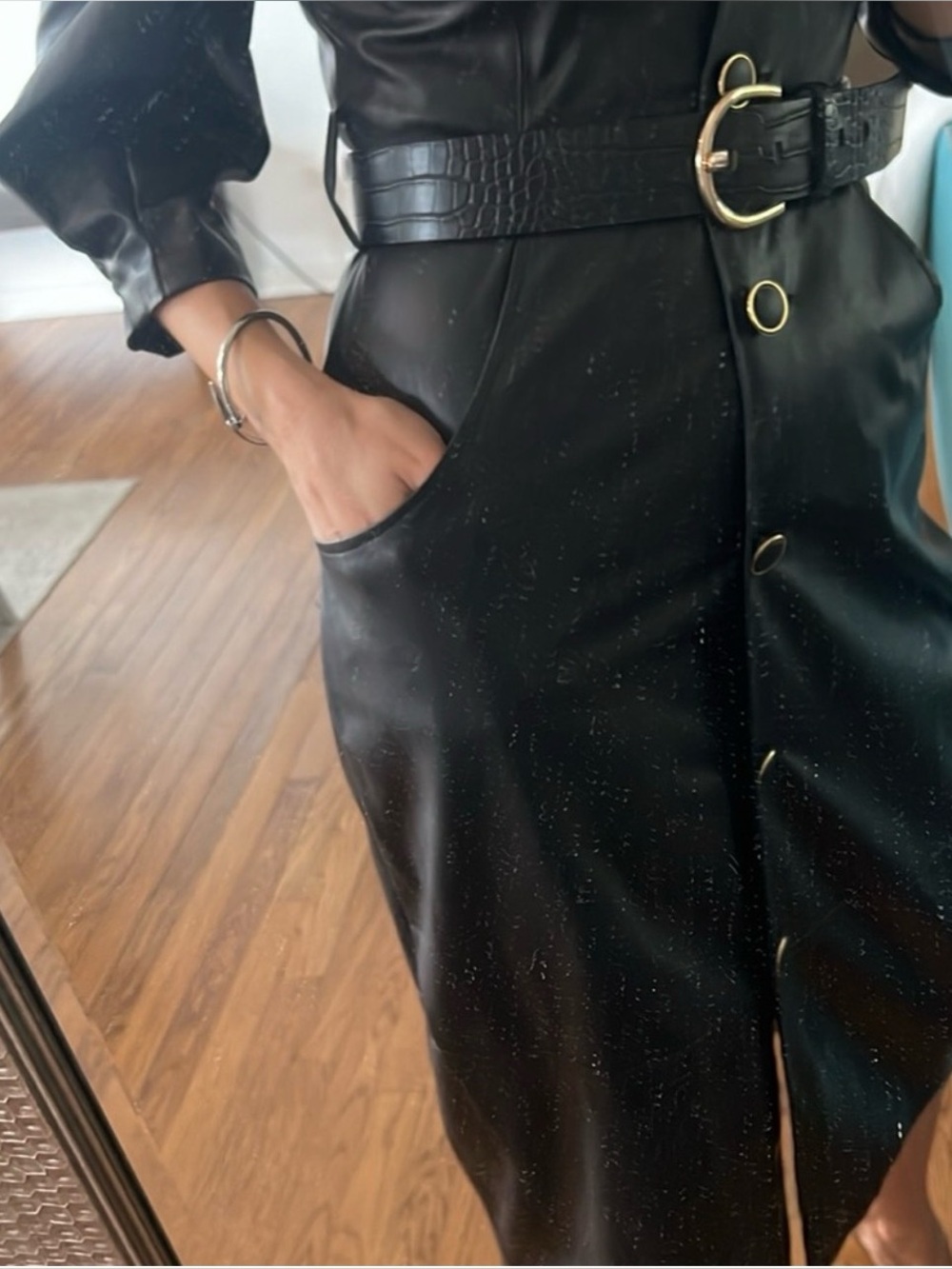 Zara Black Faux Leather Button-Front Midi Dress with Belt - Picture 3 of 8